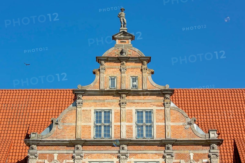 Roof gable at the Green Tor, Brama Zielona, city gate, GdaÅsk, Gdansk, Baltic Sea coast, Baltic Sea, pomorskie, Pomeranian Voivodeship, Poland, Gdansk, PL, Europe, aerial photograph, birds-eyes view, aerial photography, aerial photography, overview, overview, bird's eye view