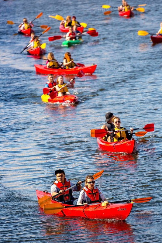 GdaÅsk, canoeists, tourists on the Motlawa, Gdansk, Baltic Sea coast, Baltic Sea, pomorskie, Pomeranian Voivodeship, Poland, Gdansk, PL, Europe, aerial view, birds-eyes view, aerial photography, aerial photography, overview, bird's eye view