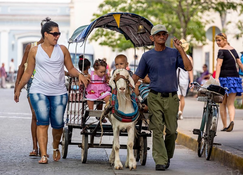 &lt, children's amusement, children's carriage pulled by a goat, streetlife in the city centre of Santa Clara at the Parque de Santa Clara, Santa Clara, Cuba, Villa Clara