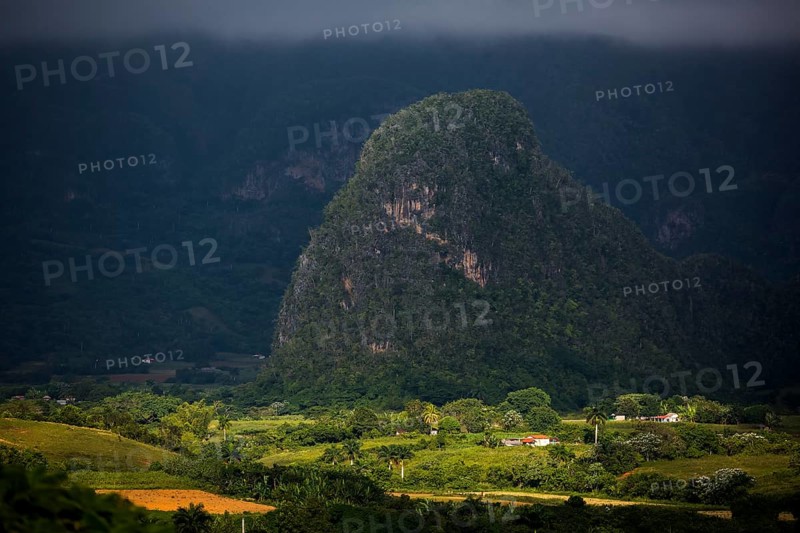 Tobacco fields and the mountains of the Mogotes, Viñales valley with karst mountains, Viñales, Pinar del Río province, Cuba, North America, Cuba, Pinar del Río
