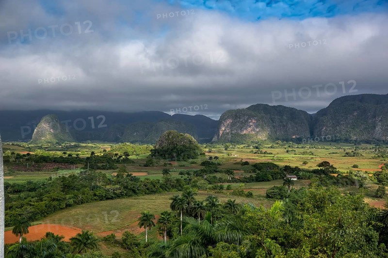 Tobacco fields and the mountains of the Mogotes, Viñales valley with karst mountains, Viñales, Pinar del Río province, Cuba, North America, Cuba