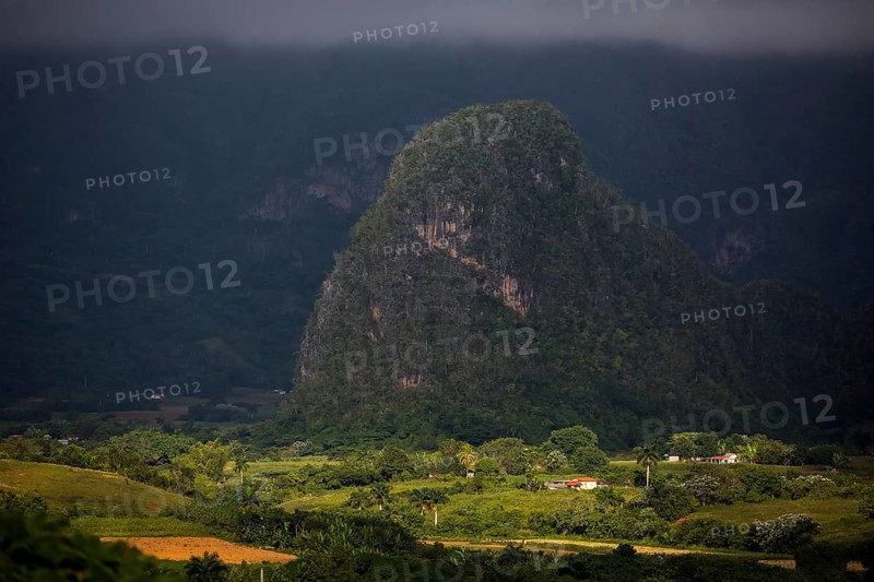 Tobacco fields and the mountains of the Mogotes, Viñales valley with karst mountains, Viñales, Pinar del Río province, Cuba, North America, Cuba, Pinar del Río