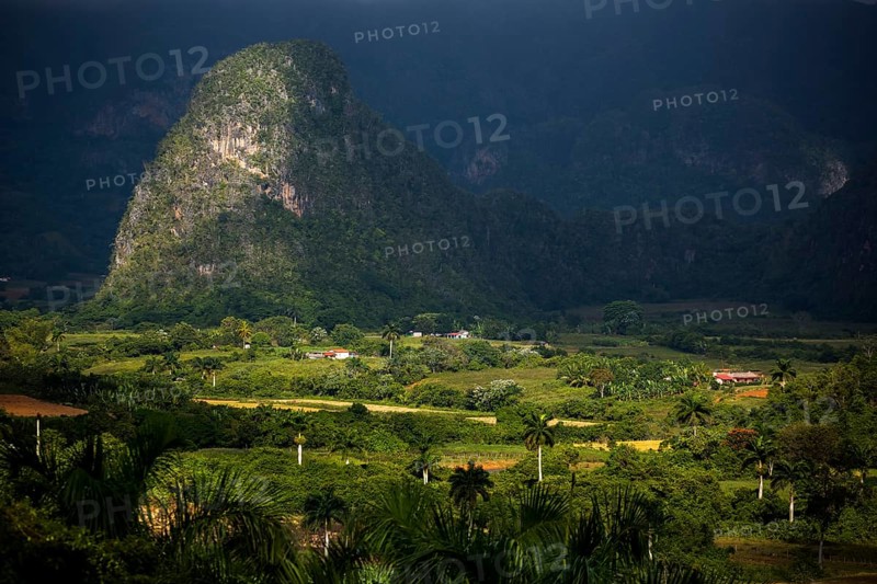 Tobacco fields and the mountains of the Mogotes, Viñales valley with karst mountains, Viñales, Pinar del Río province, Cuba, North America, Cuba, Pinar del Río