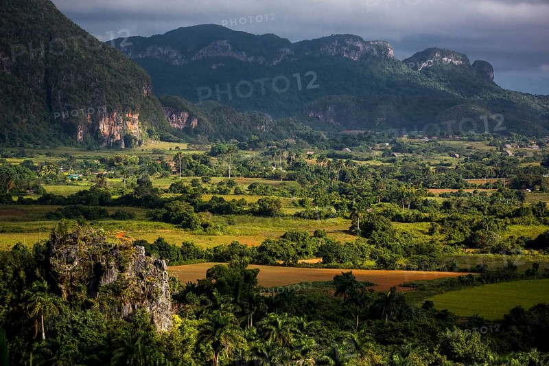 Tobacco fields and the mountains of the Mogotes, Viñales valley with karst mountains, Viñales, Pinar del Río province, Cuba, North America, Cuba, Pinar del Río