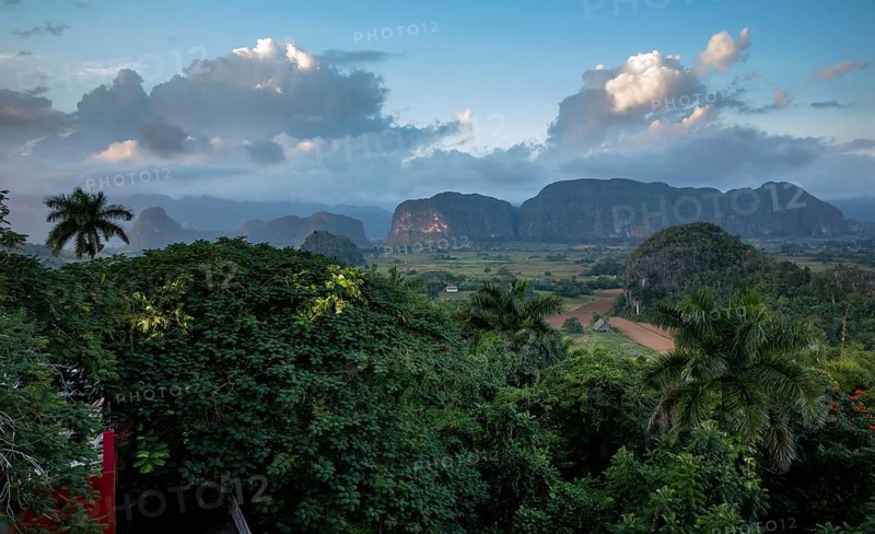 Tobacco fields and the mountains of the Mogotes, Viñales valley with karst mountains, Viñales, Pinar del Río province, Cuba, North America, Cuba