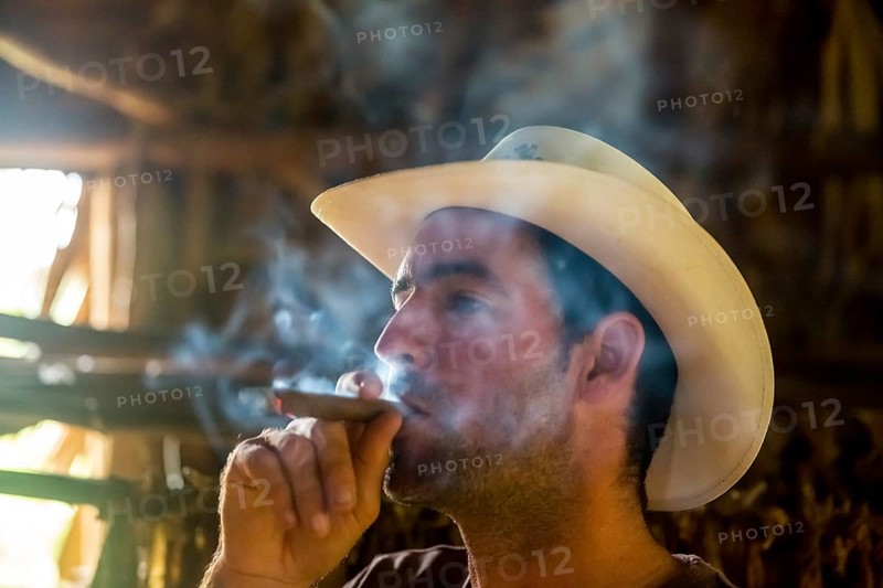 Tobacco farmer, tobacco farmer Luis Manne Alvares Rodrigues smokes a Havana cigar, tobacco farm in the Vinales Valley, Viñales, Cuba, Pinar del Río, Viñales, Pinar del Río