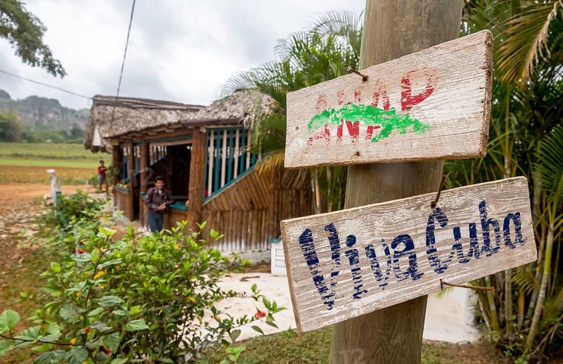 Wooden sign with the inscription Viva Cuba on a telegraph pole, Viñales, Cuba, Pinar del Río, Cuba, Viñales, Pinar del Río
