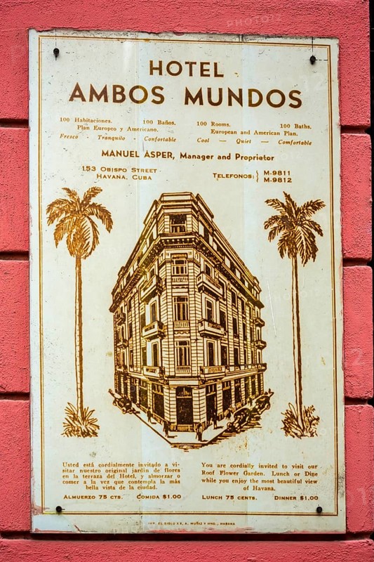 Hotel Amos Mundos, hotel sign on the facade, hotel of the writer Ernest Hamingway in Havana, La Habana, Cuba, Cuba