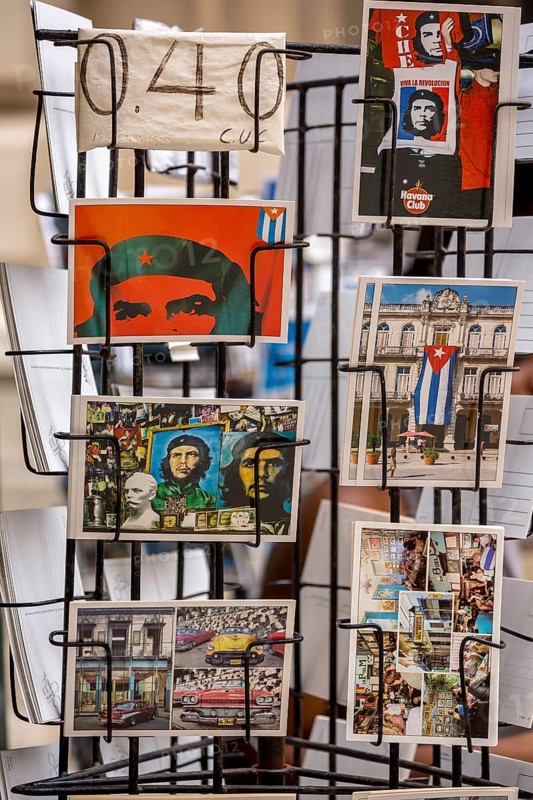 Kiosk saleswoman, Cuban, postcard stand with postcards of Ernesto Che Guevara, La Habana, Cuba, Caribbean, Central America, Cuba, Europe, aerial view, birds-eyes view, aerial photography, aerial photography, overview, bird's eye view