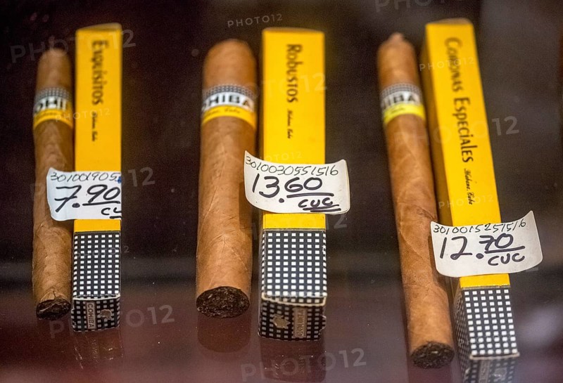 Cohiba cigars in retail sale with individual wrappers, Cuban cigars in the salesroom of a cigar retailer, La Habana, Cuba, Caribbean, Central America, Cuba, Europe, aerial view, birds-eyes view, aerial photography, aerial photography, overview, bird's eye view