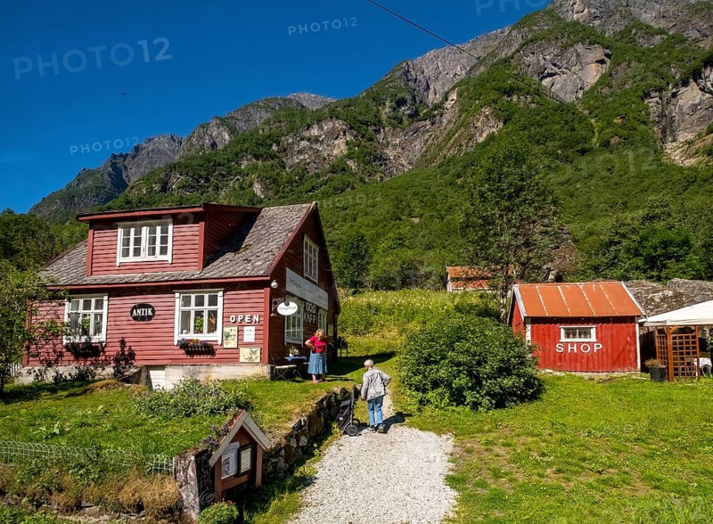 Tourists at mountain hut station, red wooden houses, gravel path, mountains, meadow, blue sky, Gudvangen, Sogn og Fjordane, Norway, Scandinavia, Europe, NOR, travel, tourism, destination, sightseeing, sea voyage, Hurtigruten, Hurtigruten trip, tourism, Norwegian, Scandinavian, tourist, cruise, adventure trip, houses, stones, rocks, trees