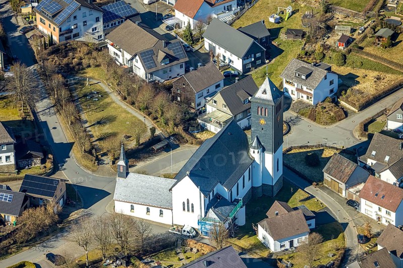 Aerial view, St. Antonius Church in Hillmicke, Wenden, Sauerland, North Rhine-Westphalia, Germany, place of worship, DE, Europe, place of worship, holy site, church, parish, denomination, aerial view, aerial photography, aerial photography, religion, religious site, overview, bird's-eye view, overview