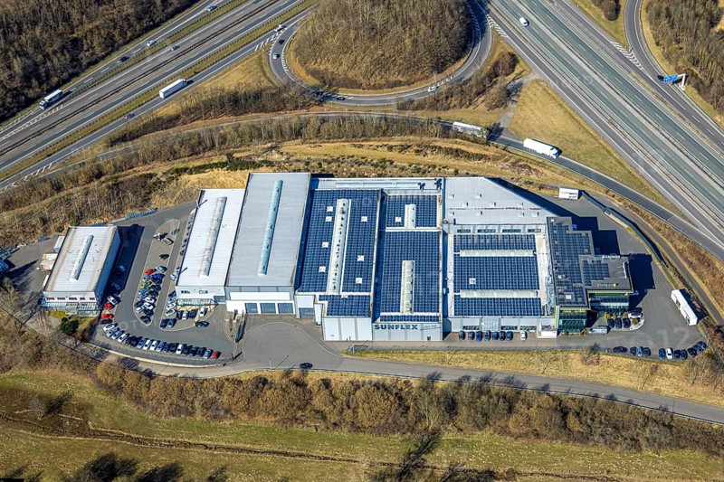 Aerial view, motorway junction Olpe-Süd, motorway A4 and motorway A45, commercial area Gerlingen with SUNFLEX Aluminiumsysteme GmbH, Gerlingen, Wenden, Sauerland, North Rhine-Westphalia, Germany, DE, Europe, commercial enterprises, commercial area, commercial property, commercial site, commercial use, industrial area, industrial site, aerial view, aerial photography, aerial photography, overview, bird's-eye view, overview