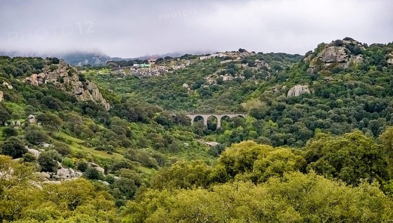 Sardinia, rugged granite mountains of Gallura, quarries and viaduct in hilly landscape, Olbia, Europe, Province of Sassari, Italy, architecture, view, mountains, trees, elevation, exploration, rocks, rock formation, Gallura, geography, granite mountains, hills, hilly landscape, engineering, landscape, nature, panorama, travel, sightseeing, summer, quarries, structure, scenery, day, tourism, tourist destination, environment, viaduct, destination, geological formations, industrial, rural, Mediterranean, natural, vegetation