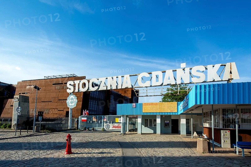 Entrance to the Solidarity Shipyard, Gdansk, European Solidarity Centre, Gdansk, Baltic Sea coast, Baltic Sea, pomorskie, Pomeranian Voivodeship, Poland, Gdansk, PL, Europe, aerial photograph, birds-eyes view, aerial photography, aerial photography, overview, bird's eye view