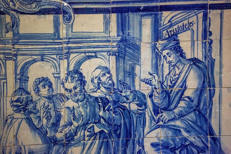Aristotle teaches on the tiles, classical azuleros in the university, Colégio do Esírito Santo, old university of Evora, Evora, district of Evora, Portugal