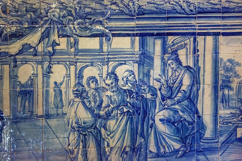 Aristotle teaches on the tiles, classical azuleros in the university, Colégio do Esírito Santo, old university of Evora, Evora, district of Evora, Portugal