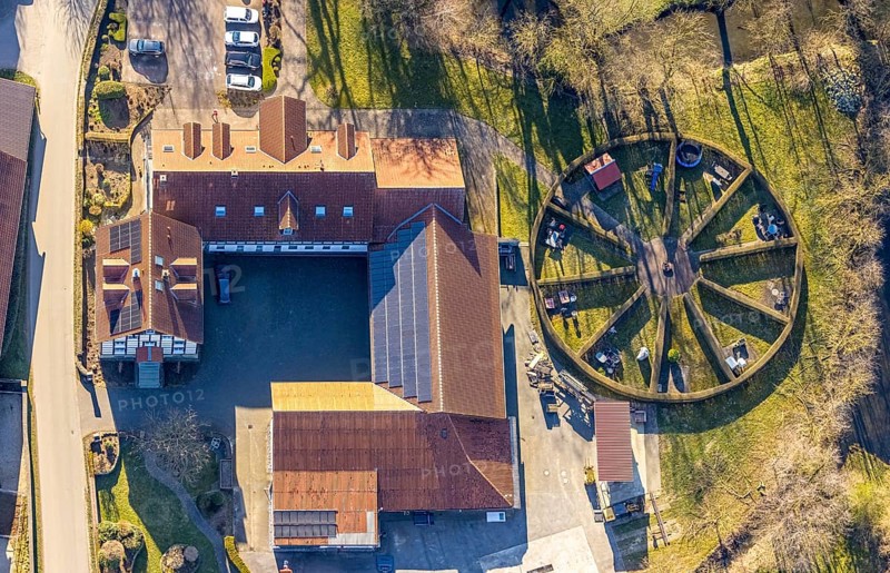 Aerial photography, services for construction and agriculture Dringenberg GmbH agricultural enterprise, round garden, paradise, Soest, Soester Börde, North Rhine-Westphalia, Germany, DE, Europe, trade, agriculture, aerial photography, aerial photography, aerial photography, overview, bird's-eye view, birds-eyes view, overview