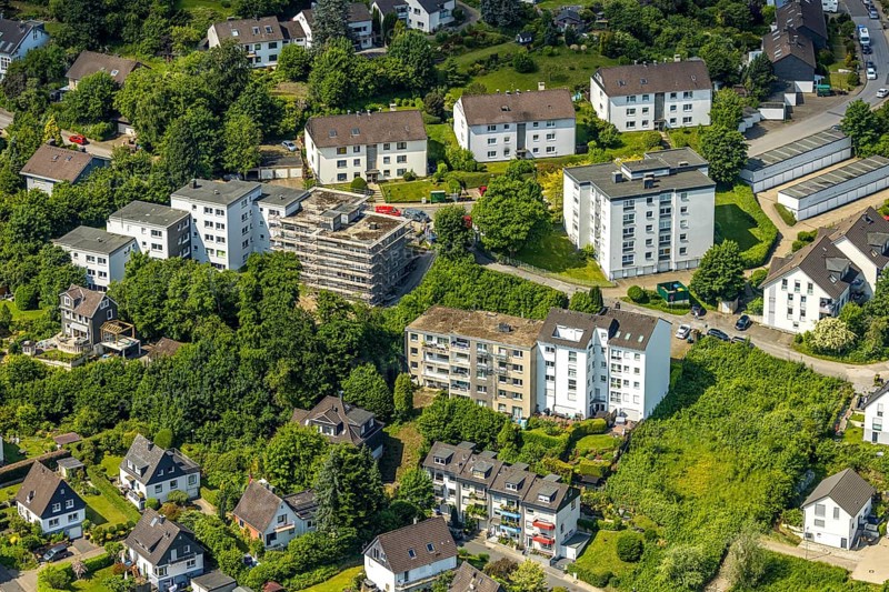 Aerial view, Eikeshagen residential area and construction site with new building, Oberbonsfeld, Velbert, Ruhr area, North Rhine-Westphalia, Germany, construction work, construction area, construction site, building plots, construction project, construction site, DE, Europe, Langenberg, aerial view, aerial photography, aerial photography, overview, bird's-eye view, overview