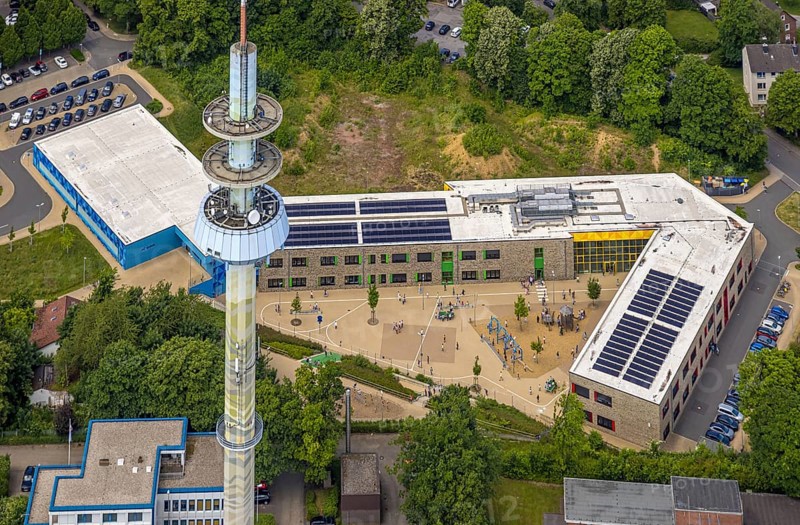 Aerial view, Kastanienallee primary school, Velbert (sturgeon) telecommunications tower, Velbert, Ruhr area, North Rhine-Westphalia, Germany, architecture, educational institution, view from above, DE, education, Europe, Velbert telecommunications tower, television transmitter, building, primary school, green areas, houses, infrastructure, Kastanienallee, Kita Kastanienallee, Kolping Kindergarten, aerial view, aerial photography, aerial photography, neighbourhood, radio tower, school, city, Telebert, tower, overview, bird's-eye view, German cityscape, above, overview, urban environment, VelbertMitte