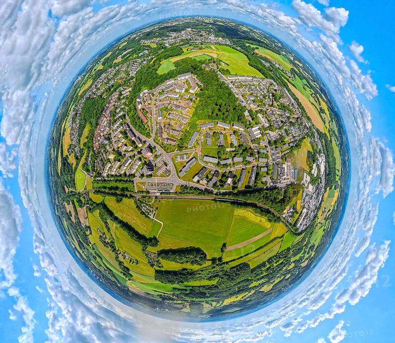 Residential area local view Neviges, Am Rosenhügel, globe, fisheye shot, fisheye shot, 360 degree shot, tiny world, little planet, fisheye image, Neviges, Velbert, Ruhr area, North Rhine-Westphalia, Germany, DE, Europe, fisheye lens, fisheye lens, aerial view, aerial photography, aerial photography, super wide angle lens, overview, bird's eye view, birds-eyes view, fisheye lens, insta360 camera, overview