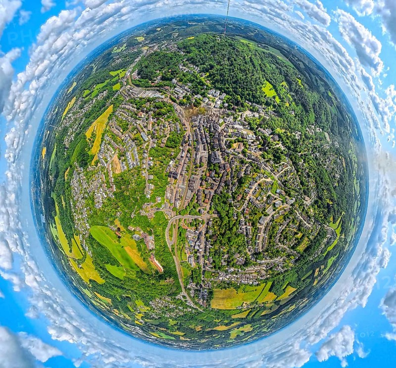Residential area local view Langenberg, earth globe, fisheye image, fisheye image, 360 degree image, tiny world, little planet, fisheye image, Langenberg, Velbert, Ruhr area, North Rhine-Westphalia, Germany, DE, Europe, fisheye lens, fisheye lens, aerial view, aerial photography, aerial photography, super wide angle lens, overview, bird's eye view, birds-eyes view, fisheye lens, insta360 camera, overview