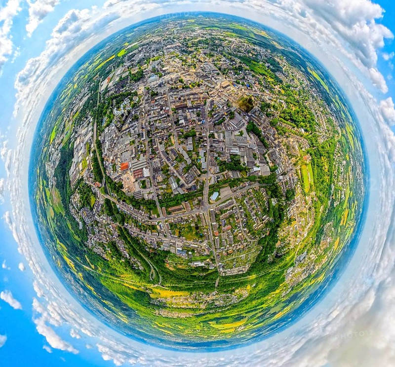 Residential area local view Velbert-Mitte, VelbertMitteErdkugel, fisheye shot, fisheye shot, 360 degree shot, tiny world, little planet, fisheye image, Velbert, Ruhr area, North Rhine-Westphalia, Germany, DE, Europe, fisheye lens, fisheye lens, property tax, real estate, aerial photo, aerial photography, aerial photography, super wide angle lens, overview, bird's eye view, housing estate, housing and living, residential area, quality of living, residential neighbourhood, housing estate, residential area, birds-eyes view, fisheye lens, insta360 camera, overview