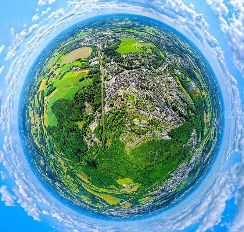 Residential area local view Neviges, globe, fisheye shot, fisheye shot, 360 degree shot, tiny world, little planet, fisheye image, Neviges, Velbert, Ruhr area, North Rhine-Westphalia, Germany, DE, Europe, fisheye lens, fisheye lens, aerial view, aerial photography, aerial photography, super wide angle lens, overview, bird's eye view, birds-eyes view, fisheye lens, insta360 camera, overview