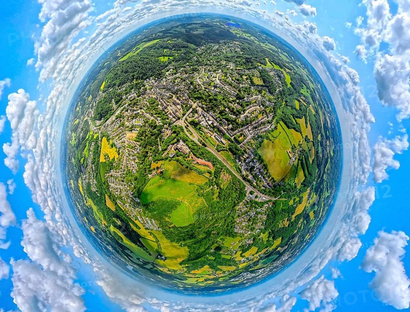 Residential area local view Langenberg, earth globe, fisheye image, fisheye image, 360 degree image, tiny world, little planet, fisheye image, Langenberg, Velbert, Ruhr area, North Rhine-Westphalia, Germany, DE, Europe, fisheye lens, fisheye lens, aerial view, aerial photography, aerial photography, super wide angle lens, overview, bird's eye view, birds-eyes view, fisheye lens, insta360 camera, overview