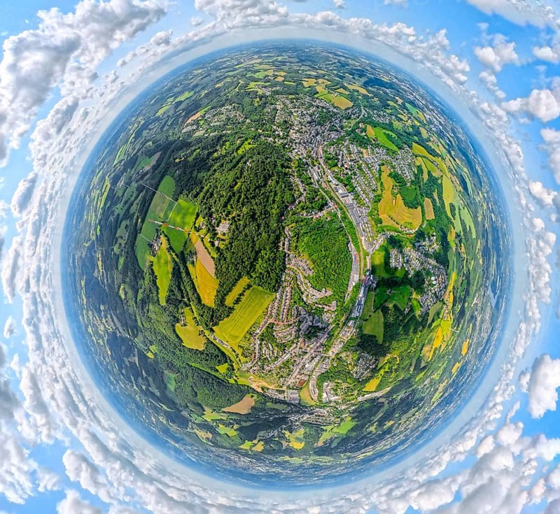 Residential area local view district Oberbonsfeld and Langenberg surrounded by meadows and fields, globe, fisheye image, 360 degree image, tiny world, little planet, fisheye image, Oberbonsfeld, Velbert, Ruhr area, North Rhine-Westphalia, Germany, DE, Europe, fisheye lens, fisheye lens, property tax, real estate, aerial view, aerial photography, aerial photography, aerial photography, super wide angle lens, overview, bird's eye view, housing estate, housing and living, residential area, quality of living, residential neighbourhood, housing estate, residential area, birds-eyes view, fisheye lens, insta360 camera, overview