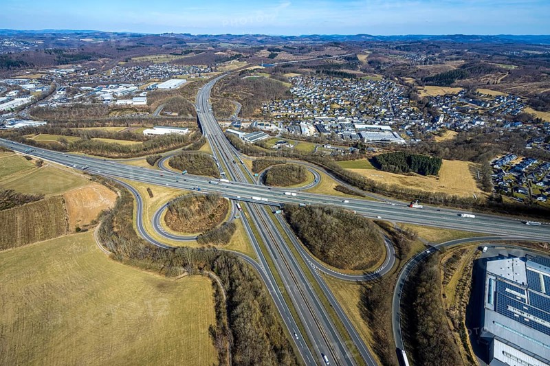 Aerial view, motorway junction Olpe-Süd with motorway A45 and motorway A4, Gerlingen, Wenden, Sauerland, North Rhine-Westphalia, Germany, DE, Europe, aerial view, aerial photography, aerial photography, overview, bird's-eye view, overview