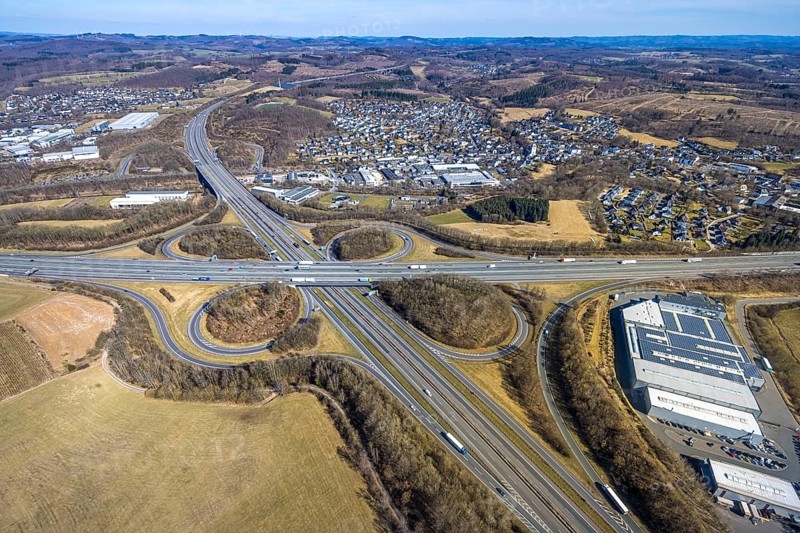 Aerial view, motorway junction Olpe-Süd with motorway A45 and motorway A4, Gerlingen, Wenden, Sauerland, North Rhine-Westphalia, Germany, DE, Europe, aerial view, aerial photography, aerial photography, overview, bird's-eye view, overview