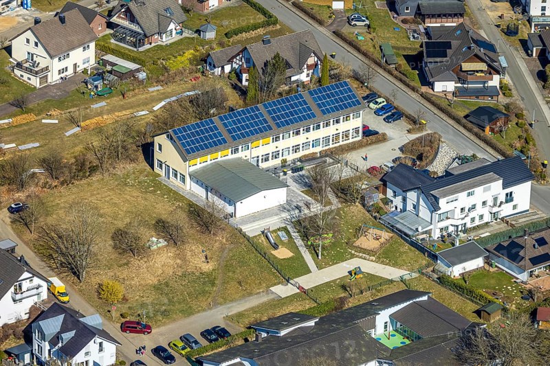 Aerial view, school family centre St. Severinus with solar roof, Agathastrasse, Möllmicke, Wenden, Sauerland, North Rhine-Westphalia, Germany, DE, Europe, aerial view, aerial photography, aerial photography, overview, bird's-eye view, overview
