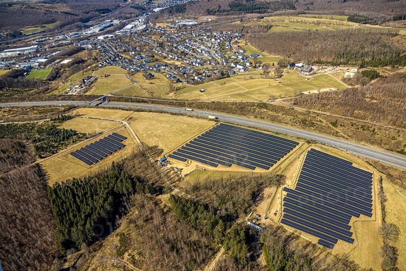 Aerial photo, solar park at Bieberg on the A4 motorway, Dahl, Olpe, Sauerland, North Rhine-Westphalia, Germany, DE, Europe, photovoltaic, aerial photo, aerial photography, aerial photography, photovoltaic plant, solar, solar plant, solar energy, solar park, solar power plant, overview, bird's-eye view, Wenden, birds-eyes view, overview
