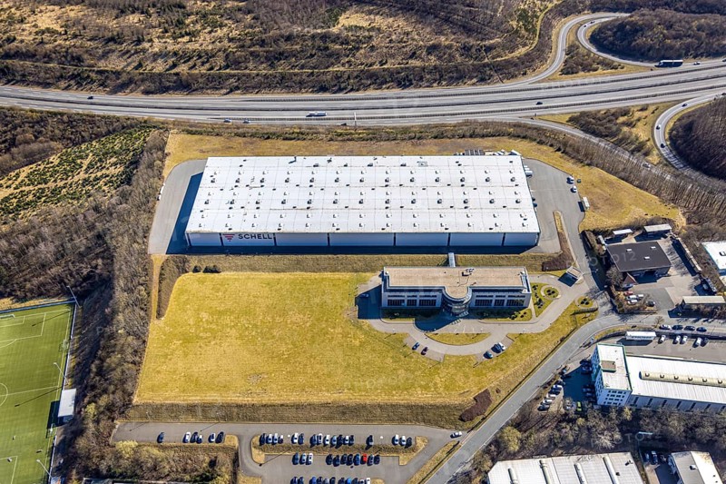 Aerial photo, SCHELL GmbH company premises on the A4 motorway, Dahl, Olpe, Sauerland, North Rhine-Westphalia, Germany, DE, Europe, aerial photo, aerial photography, aerial photography, overview, bird's-eye view, Wenden, birds-eyes view, overview
