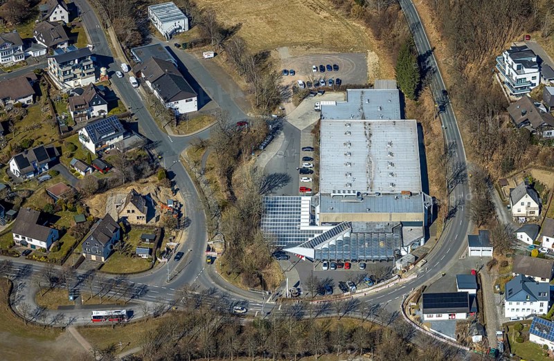 Aerial view, shopping centre with HIT supermarket, Wenden, Sauerland, North Rhine-Westphalia, Germany, DE, Europe, aerial view, aerial photography, aerial photography, overview, bird's-eye view, overview