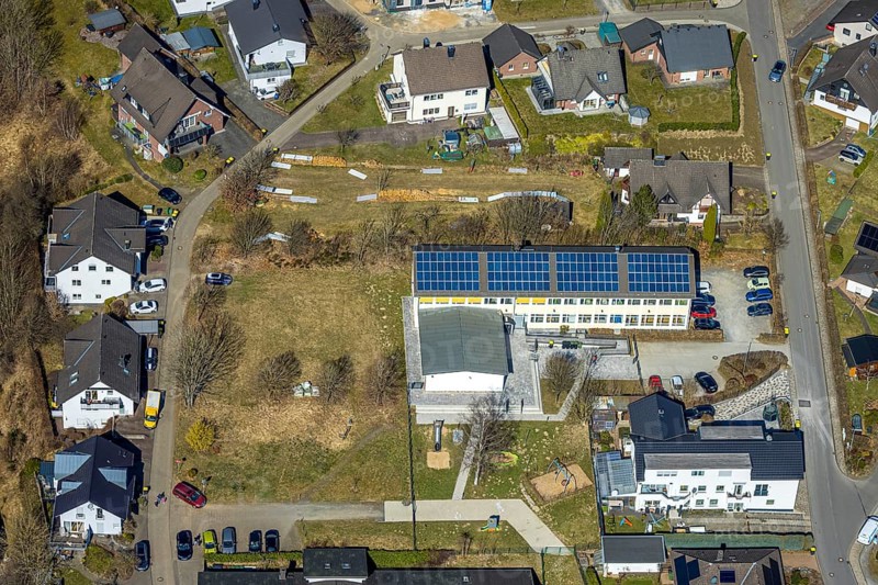 Aerial view, school family centre St. Severinus with solar roof, Agathastrasse, Möllmicke, Wenden, Sauerland, North Rhine-Westphalia, Germany, DE, Europe, aerial view, aerial photography, aerial photography, overview, bird's-eye view, overview