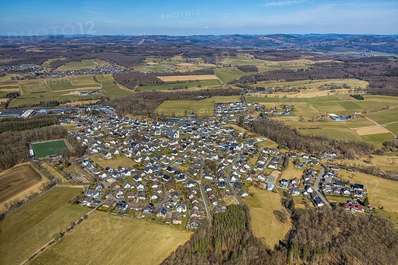 Aerial view, meadows and fields with distant view, football stadium sports field FC Altenhof, residential area local view district Altenhof, Wenden, Sauerland, North Rhine-Westphalia, Germany, DE, Europe, football field, football stadium, property tax, real estate, aerial view, aerial photography, aerial photography, sports, sports facilities, sports field, sports facility, stadium, overview, bird's eye view, residential complex, living and life, residential area, residential quality, residential neighbourhood, housing estate, residential district, birds-eyes view, overview
