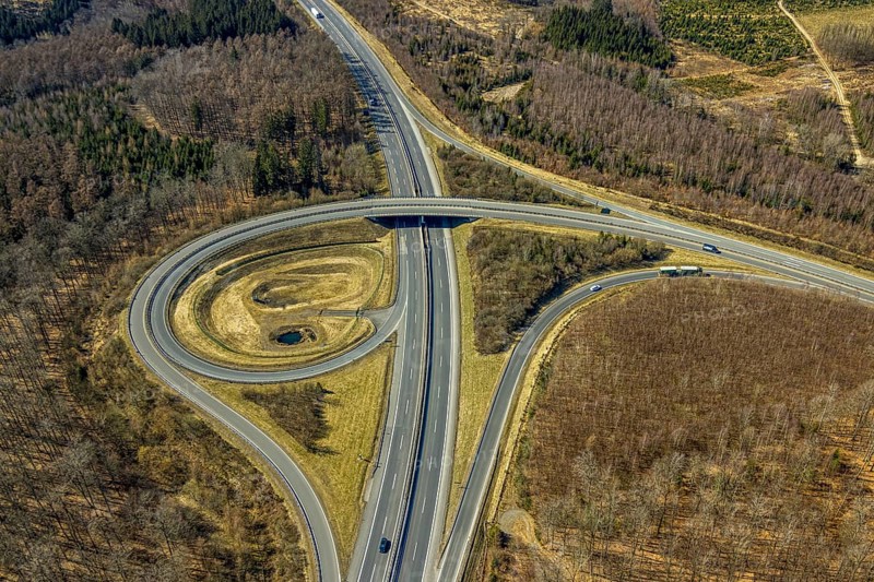 Aerial view, motorway junction Krombach, motorway A4 and federal road B54, border triangle, Schönau, Wenden, Sauerland, North Rhine-Westphalia, Germany, DE, Europe, aerial view, aerial photography, aerial photography, overview, bird's-eye view, overview