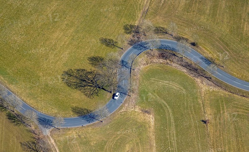 Aerial view, S-curve with cars and trees, shapes and colours, Hubertusstraße, Ottfingen, Wenden, Sauerland, North Rhine-Westphalia, Germany, DE, Europe, aerial view, aerial photography, aerial photography, overview, bird's-eye view, overview