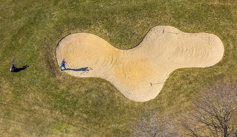 Aerial view, golf course Dörnscheid, Golfclub Siegen-Olpe, golf meadow and bunker with golf player, Römershagen, Wenden, Sauerland, North Rhine-Westphalia, Germany, DE, Europe, aerial view, aerial photography, aerial photography, overview, bird's-eye view, overview