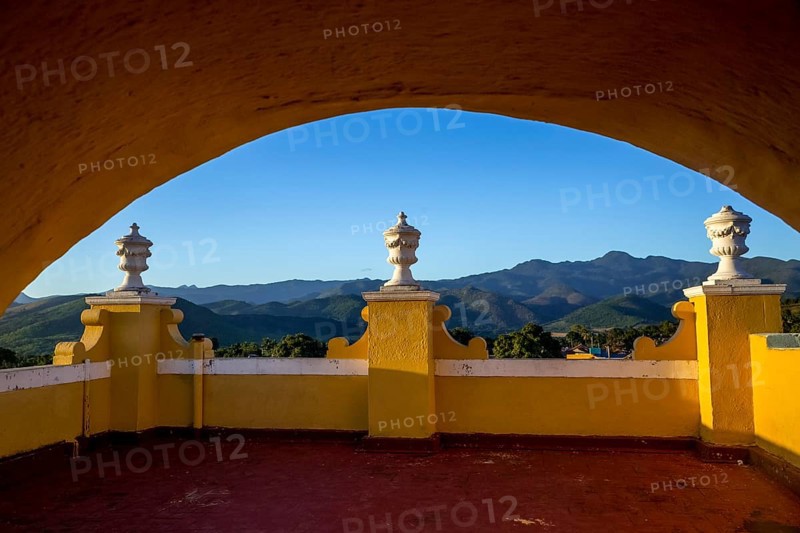View of the city of Trinidad from the bell tower of the Convento de San Francisco de Asis church, balcony with columns, Trinidad, Cuba, Sancti Spíritus, Sancti Spíritus