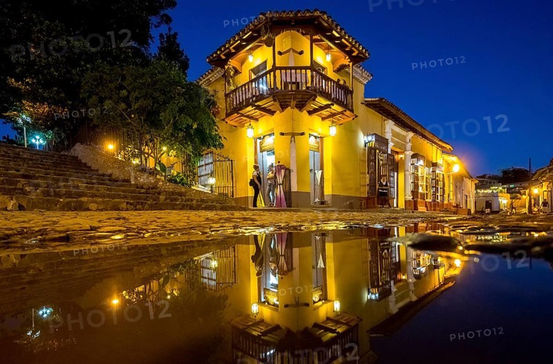 Restaurant and pub in the old town of Trinidad with visitors at the blue hour, Trinidad, Cuba, Sancti Spíritus, Cuba, Sancti Spíritus