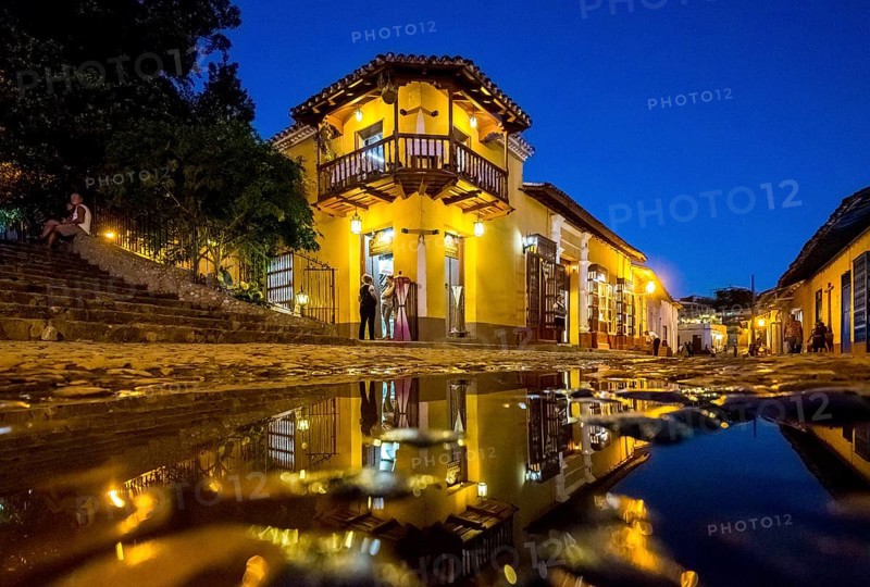 Restaurant and pub in the old town of Trinidad with visitors during the blue hour, Trinidad, Cuba, Sancti Spíritus, Cuba, Sancti Spíritus