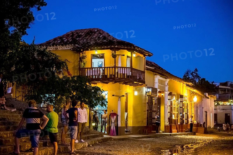 Restaurant and pub in the old town of Trinidad with visitors during the blue hour, Trinidad, Cuba, Sancti Spíritus, Cuba, Sancti Spíritus