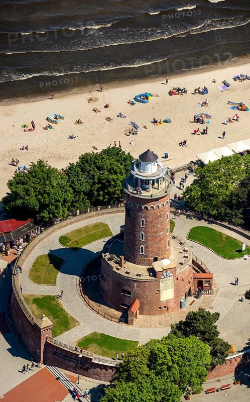 KoÅ'obrzeg, Kolobrzeg, lighthouse with bastion, Baltic Sea beach, Baltic Sea coast, Województwo zachodniopomorskie, Poland, Kolobrzeg, Województwo zachodniopomorskie, PL, Europe, aerial view, birds-eyes view, aerial photography, overview, bird's eye view, northern Poland