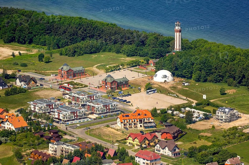Gmina Karnice, with lighthouse at the Baltic Sea, Warnitz, Baltic Sea coast, Województwo zachodniopomorskie, Poland, Niechorze, Województwo zachodniopomorskie, PL, Europe, aerial view, birds-eyes view, aerial photography, overview, bird's eye view, northern Poland