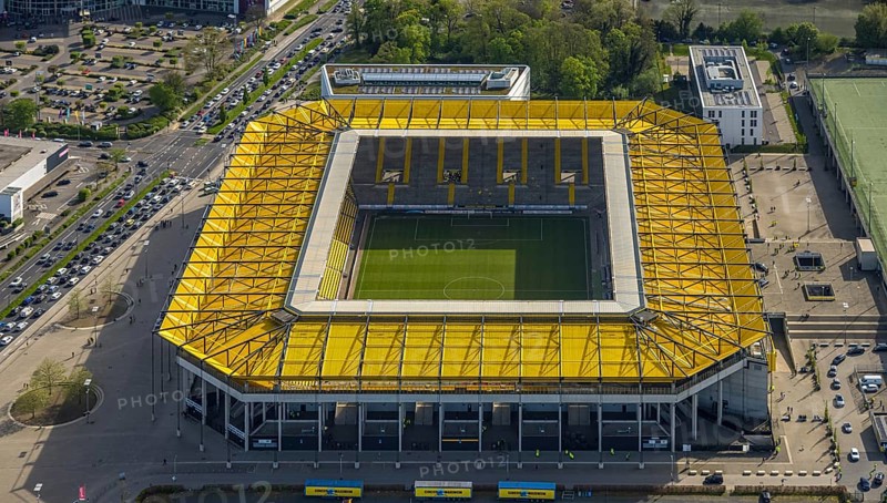 Aerial view, Aachen Tivoli, football stadium in Soers sports park, home ground of Alemannia Aachen football club, Laurensberg, Aachen, Rhineland, North Rhine-Westphalia, Germany, football stadium, Soers sports park, home ground, football club, Alemannia Aachen, architecture, sport, leisure, stadium, pitch, stands, green area, exterior view, open air, daylight, urban, urban, building, infrastructure, event location, aerial view, perspective, panorama, landscape, green, top view, wide field