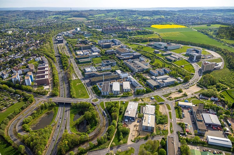 Aerial view, Rheinisch-Westfälische Technische Hochschule Aachen, University RWTH Campus Melaten Nord, scientific research location, Campus-Boulevard, Vaalserquartier, Aachen, Rhineland, North Rhine-Westphalia, Germany, university, RWTH Campus Melaten Nord, university campus, education, research, development, architecture, building, city, urban, exterior view, day, sky, trees, paths, infrastructure, educational institution, technology, innovation, academic, landscape, panorama, modern, aerial view