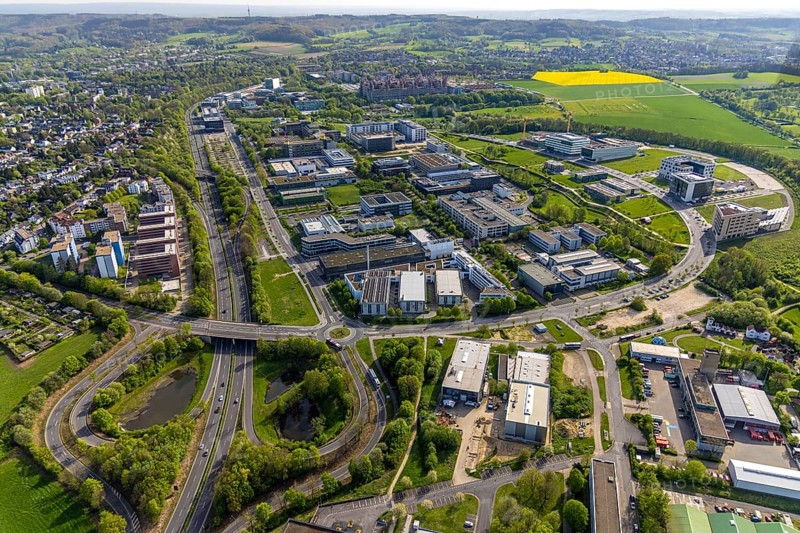 Aerial view, Rheinisch-Westfälische Technische Hochschule Aachen, University RWTH Campus Melaten Nord, scientific research location, Campus-Boulevard, Vaalserquartier, Aachen, Rhineland, North Rhine-Westphalia, Germany, RWTH, University, Campus Melaten Nord, research location, scientific, university campus, education, research, architecture, city, urban, development, technology, innovation, educational institution, university campus, trees, buildings, streets, green areas, landscape, sky, day, top view, Europe, infrastructure, urban planning, academic